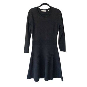 Sandro Paris Textured Black Knit Long Sleeve Fit & Flare Dress Size L LBD Modest